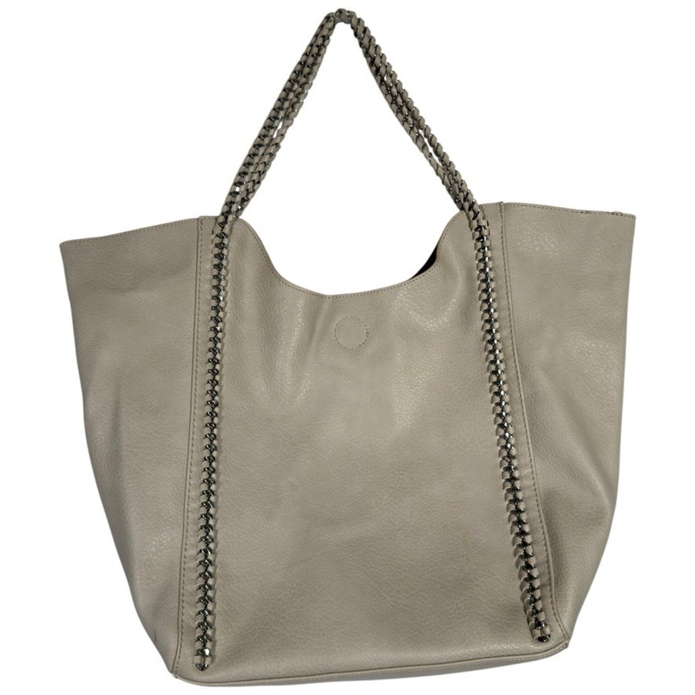 Large Taupe Gray Faux Leather Chain Trim Tote Bag Vegan Shoulder Shopper
